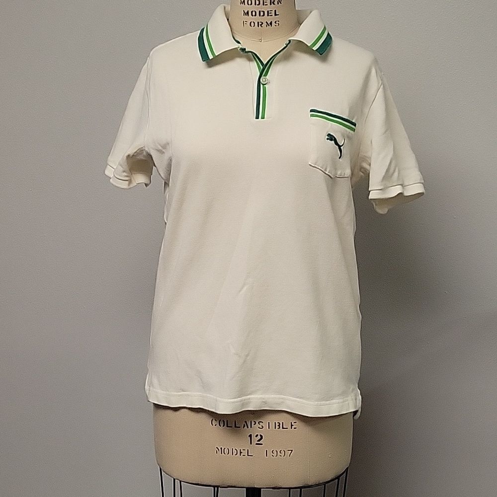 Vintage Puma Short Sleeve polo. Cream with contrasting green trim. Size L